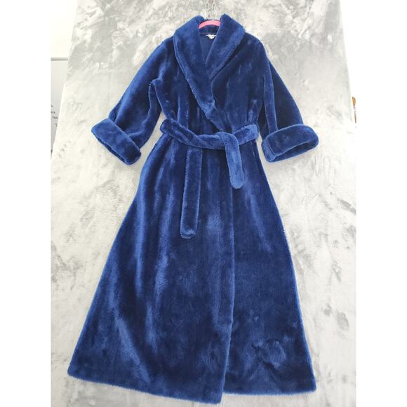Vintage 70s Kingly Faux Fur Furry Long Wrap Robe Size L 16/18 Royal Blue Pockets - Picture 1 of 11